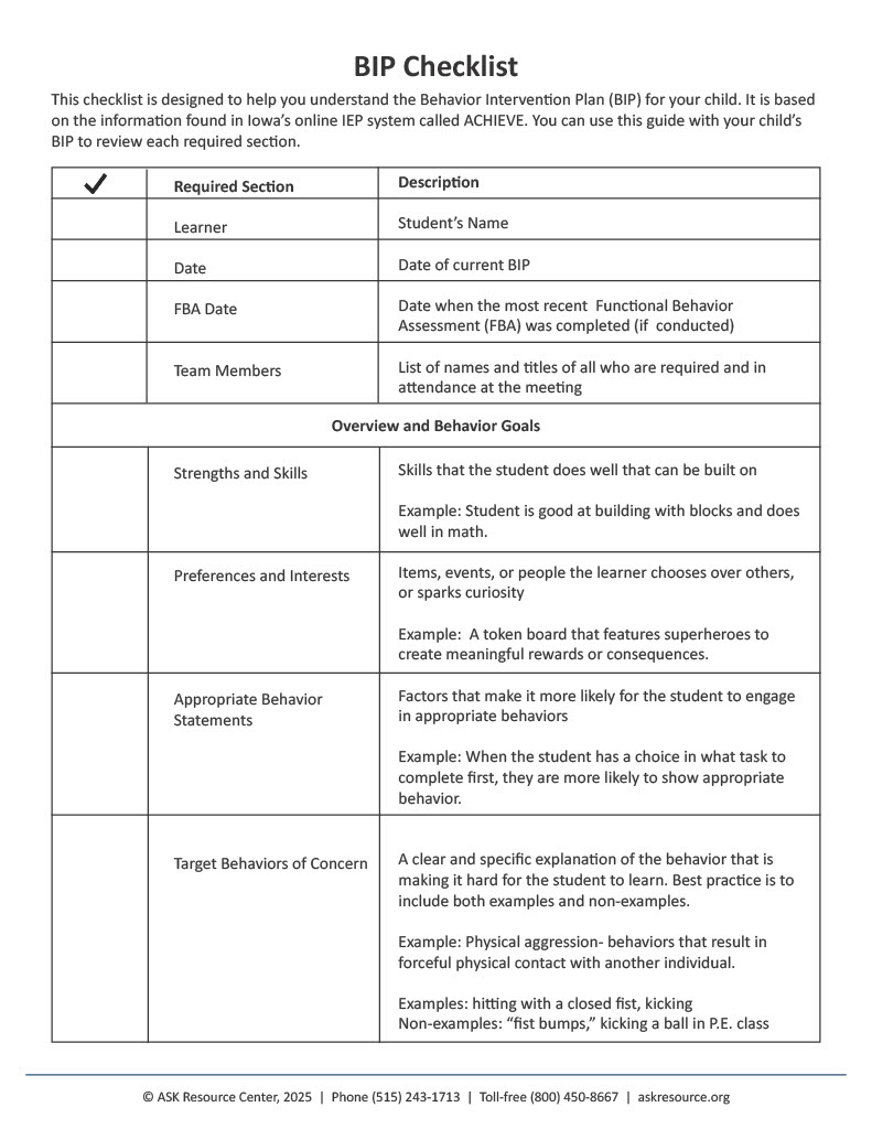 A checklist titled “BIP Checklist” designed to help parents understand the Behavior Intervention Plan (BIP) for their child. It explains required sections based on Iowa’s online IEP system, ACHIEVE. The table is divided into two parts:  Required Section | Description  Learner: Student’s name.  Date: Date of the current BIP.  FBA Date: Date of the most recent Functional Behavior Assessment (if conducted).  Team Members: List of names and titles of all required attendees at the meeting.  Overview and Behavior Goals:  Strengths and Skills: Skills the student does well that can be built upon. Example: Good at building with blocks or strong in math.  Preferences and Interests: Items, events, or people the learner prefers or enjoys. Example: A token board with superheroes for meaningful rewards.  Appropriate Behavior Statements: Factors that increase the likelihood of appropriate behaviors. Example: Giving the student a choice of tasks encourages positive behavior.  Target Behaviors of Concern: Specific explanation of behaviors interfering with learning, including examples and non-examples. Example: Physical aggression (e.g., hitting, kicking); non-examples include fist bumps or kicking a ball in P.E.  Footer includes: © ASK Resource Center, 2025 | Phone (515) 243-1713 | Toll-free (800) 450-8667 | askresource.org